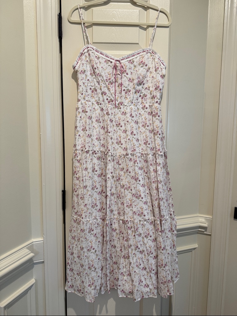 Floral Spaghetti Strap Tiered Sundress In Pink And Cream